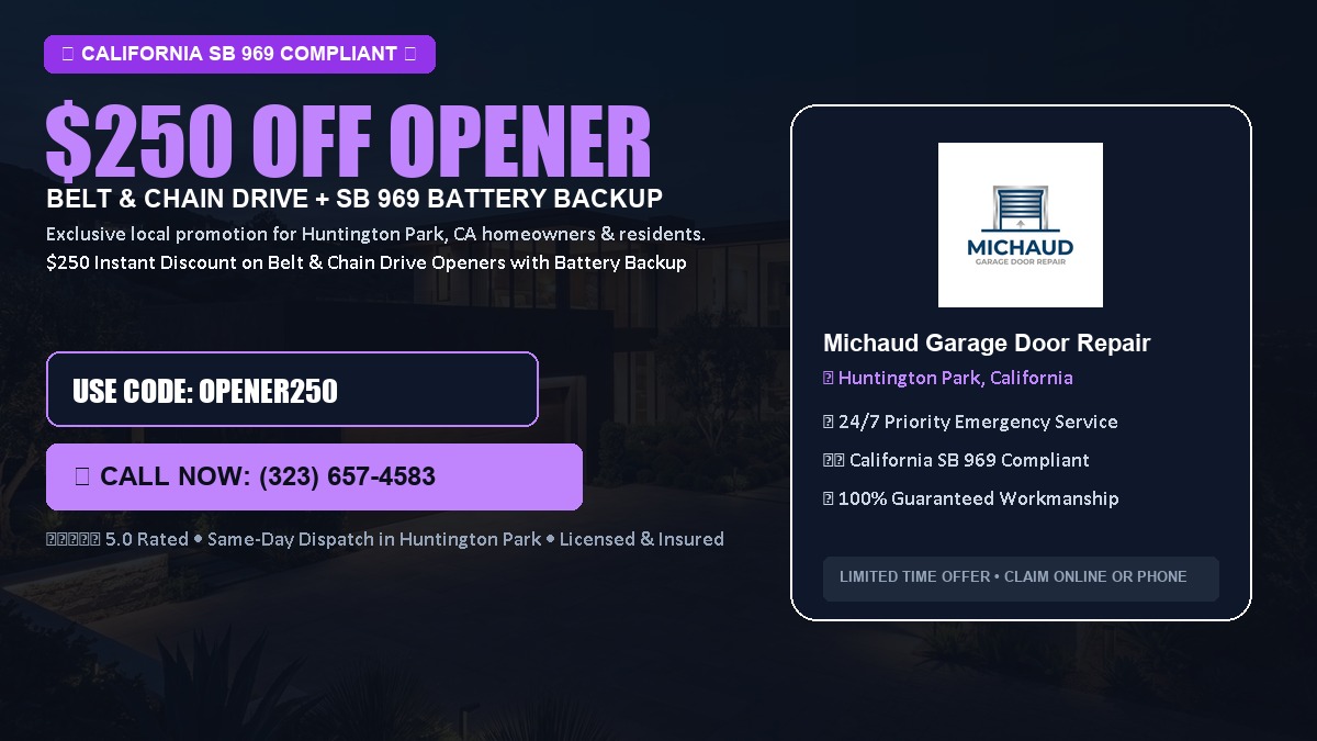 $250 OFF Smart Garage Door Opener Installation (Belt & Chain Drive with California SB 969 Battery Backup) in Huntington Park, CA